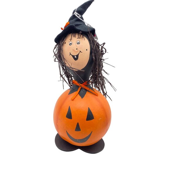 Halloween Witch hand painted gourd pumpkin body black hat halloween decor - Picture 2 of 11